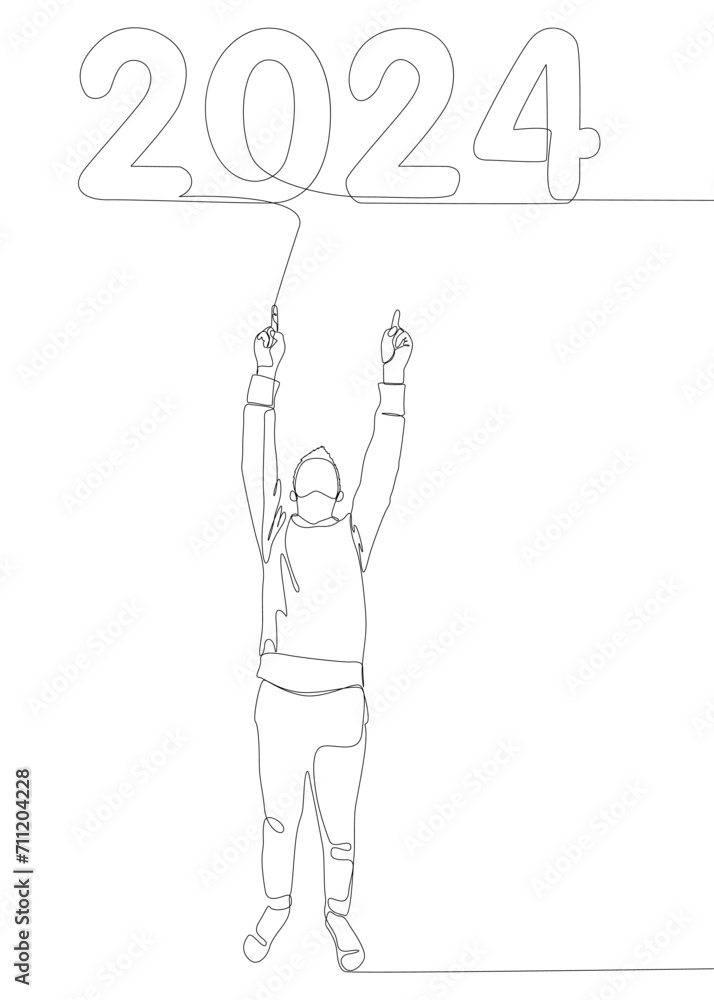 Poster one continuous line of man pointing with finger at number 2024. thin line illustration vector concep