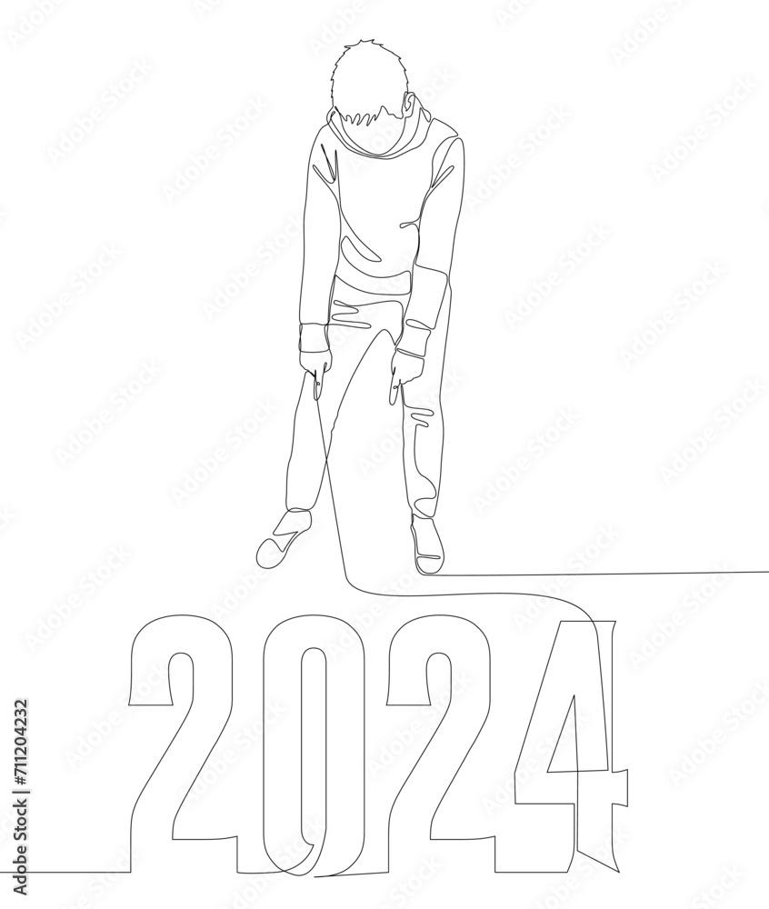 Poster one continuous line of man pointing with finger at number 2024. thin line illustration vector concep