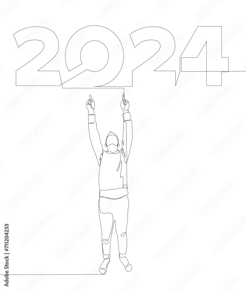 Poster one continuous line of man pointing with finger at number 2024. thin line illustration vector concep