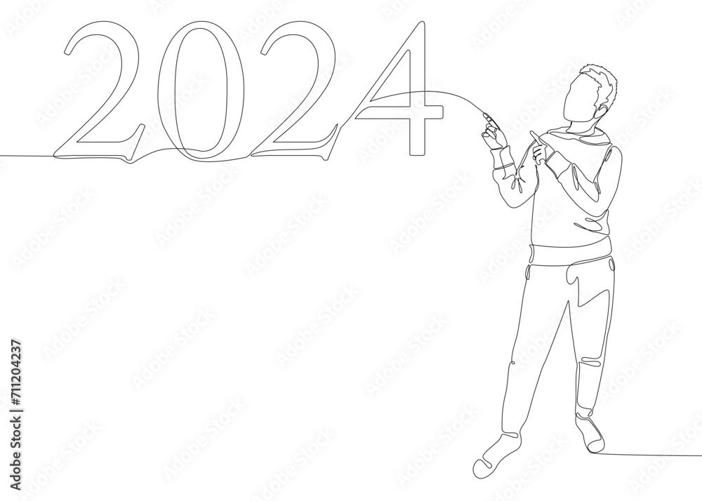 Poster one continuous line of man pointing with finger at number 2024. thin line illustration vector concep