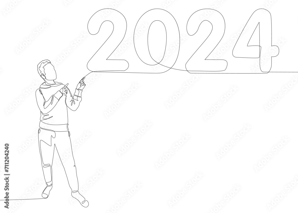 Poster one continuous line of man pointing with finger at number 2024. thin line illustration vector concep