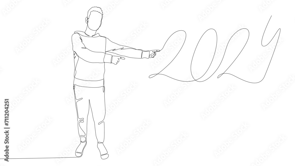 Poster one continuous line of man pointing with finger at number 2024. thin line illustration vector concep