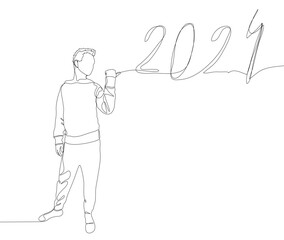 One continuous line of Man pointing with finger at number 2024. Thin Line Illustration vector concept. Contour Drawing Creative ideas.