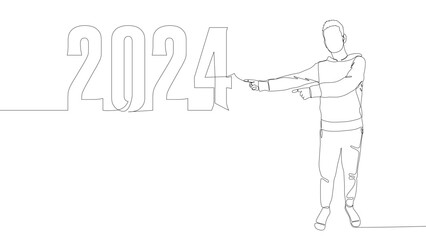 One continuous line of Man pointing with finger at number 2024. Thin Line Illustration vector concept. Contour Drawing Creative ideas.