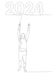 One continuous line of Man pointing with finger at number 2024. Thin Line Illustration vector concept. Contour Drawing Creative ideas.
