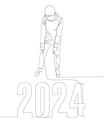 Fototapeta na wymiar One continuous line of Man pointing with finger at number 2024. Thin Line Illustration vector concept. Contour Drawing Creative ideas.