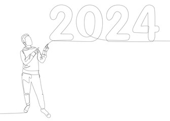 One continuous line of Man pointing with finger at number 2024. Thin Line Illustration vector concept. Contour Drawing Creative ideas.