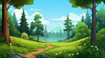 background for games apps or mobile development. cartoon nature landscape with jungle and blue sky