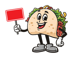 Taco with blank sign board cartoon mascot illustration character vector clip art logo hand drawn