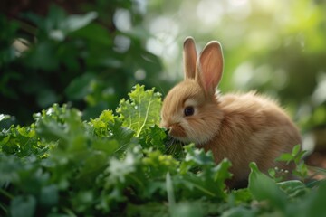 Fototapeta na wymiar Fluffy bunny munches on fresh greens, a delightful moment of small animal joy and nutrition.