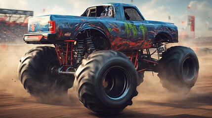 A monster truck is flying over a building with the words monster truck on it, Bigfoot monster truck on wasteland junkyard. Neural network, Monster truck crushing cars showcasing its power - obrazy, fototapety, plakaty