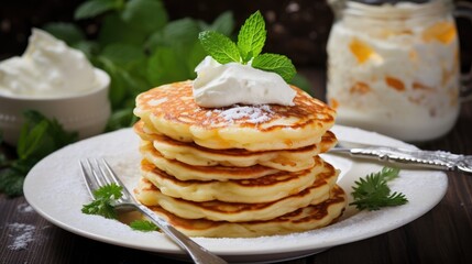 Pancakes with a piece of melted butter and drizzled with honey or syrup.Maslenitsa concept. Crepes week. Delicious homemade breakfast or lunch.
