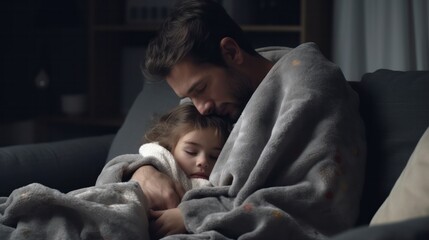 man take care of little ill daughter. Sick child lying on bed under blanket, with worried. single dad taking care of sick daughter at home. child has a high fever. covers on the couch and ill - obrazy, fototapety, plakaty