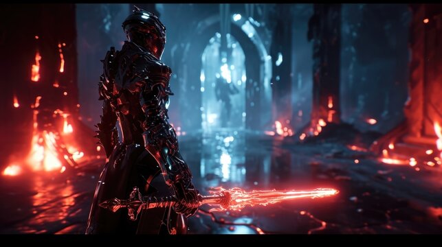 A players character equipped with a neon sword ready to battle against a dark and sinister neon boss