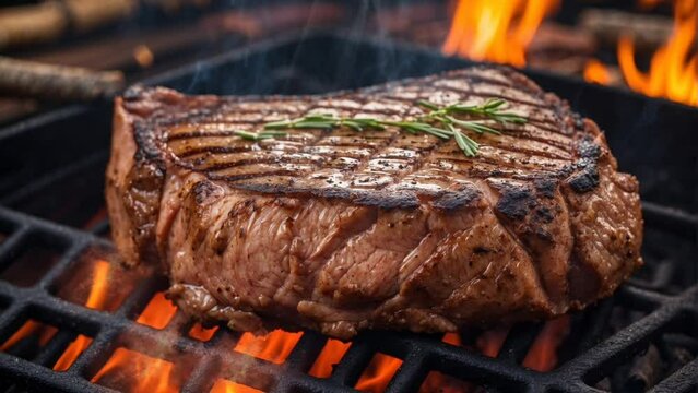 Juicy Grilled Steak on Barbecue over Flames in Nature. 4k video looping footage background