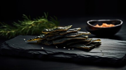 In this shot, a handful of dried seaweed snacks lies elegantly on a sleek, black slate board, with each piece curled up slightly to showcase its natural shape.