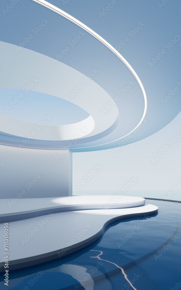 Poster empty room with water surface, 3d rendering.