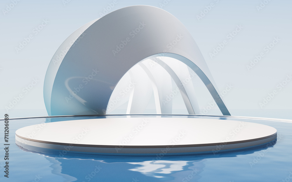 Poster creative geometry building with water surface, 3d rendering.