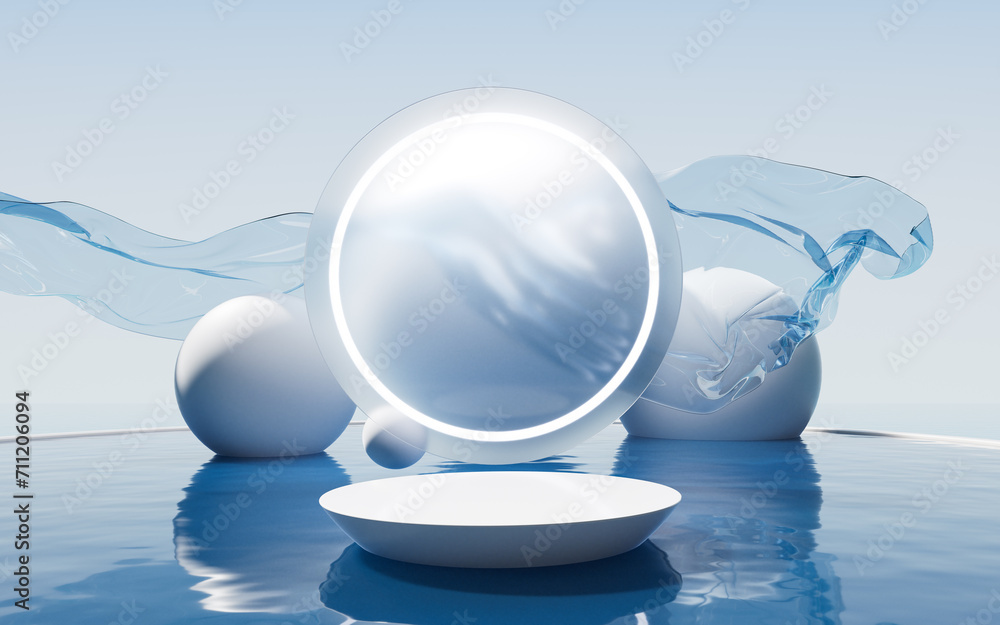Poster empty stage with water surface, 3d rendering.