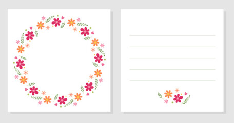 Spring double sided card with flowers. International Women's Day. March 8. Mothers Day. Greeting card, invitation, sale, label, wedding, birthday. Decorative round frame. Vector illustration.