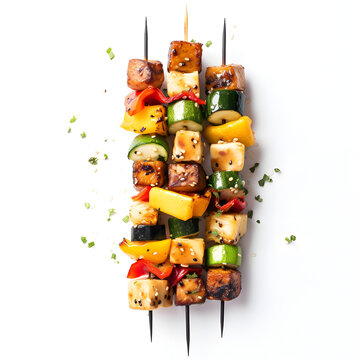 Vegetable and tofu kabobs with a white background 