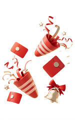 Decorative paper fireworks cone and red pocket, 3d rendering.