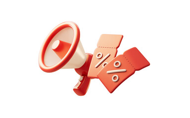 Loudspeaker and red discount coupon tickets, 3d rendering.