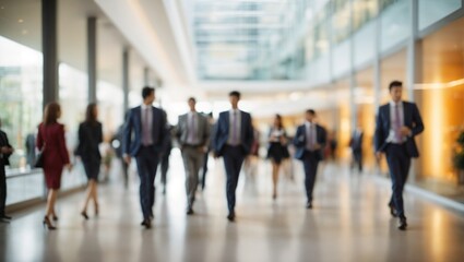 Silhouettes of crowd of business people executives walking in office building interior lobby moving with blurry generative ai