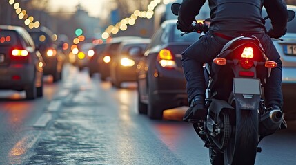 Motorcyclist conquering city traffic on a powerful bike - obrazy, fototapety, plakaty