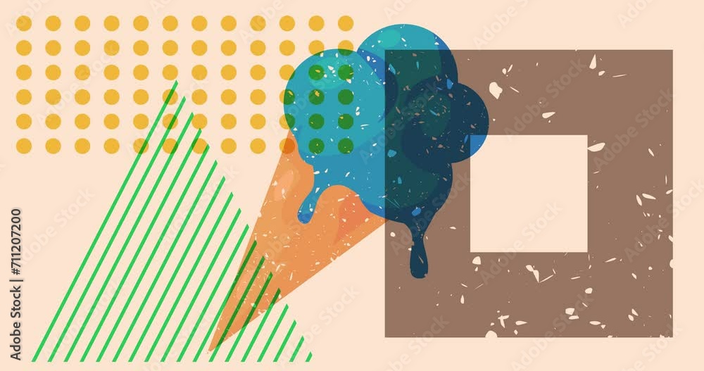 Poster risograph ice cream with geometric shapes animation. moving sweet food with object in trendy riso gr