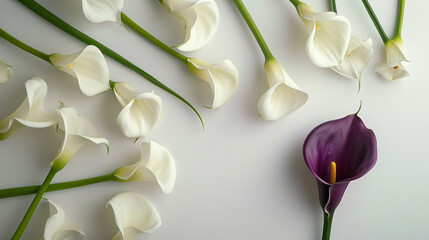 A single purple calla lily graces the table, surrounded by pristine white companions. Its regal hue captivates, a royal gem in a field of purity, adding an exquisite touch to the tableau.