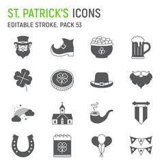 St. Patrick's day glyph icon set, holidays collection, vector graphics, logo illustrations, irish vector icons, patrick's day signs, solid pictograms, editable stroke - obrazy, fototapety, plakaty
