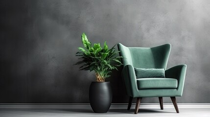 An armchair and a big house plant in a big vase in modern home decoration. Part of the interior in a minimalist style against the background of a dark gray concrete wall.