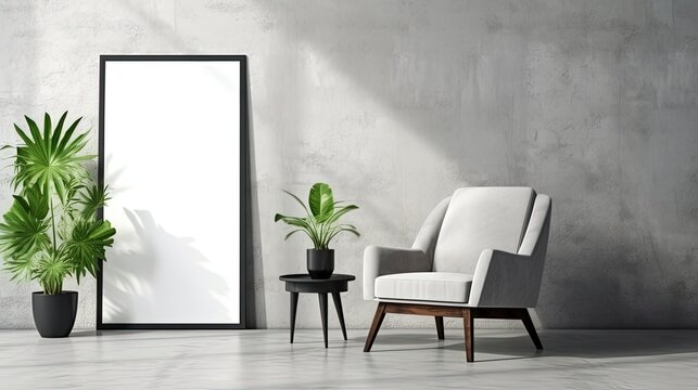 An armchair, plant and a big art in modern home decoration. Part of the interior in a minimalist style against the background of a dark gray concrete wall. Photo with copy space.