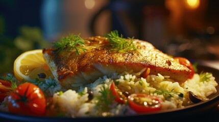 A tender fillet of grilled fish, delicately seasoned with herbs and lemon zest, resting on a bed of fluffy couscous and adorned with a zesty tomato salsa.