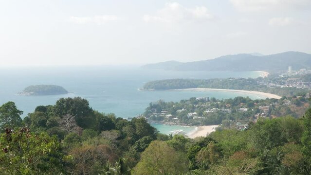 panorama landscape view point to 3 bays in Phuket with clear blue sky under sunny sunshine tropical daytime, holiday sumer vacation travel to south east thailand landscape view