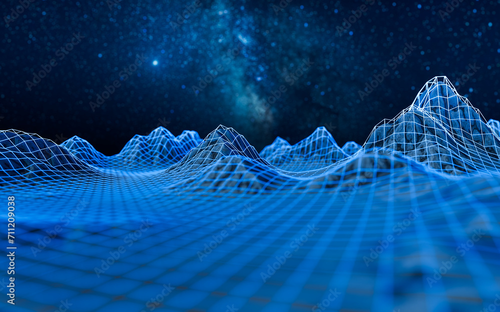 Poster digital space with glowing lines, 3d rendering.