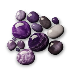 Obraz na płótnie Canvas Flat-lay view. Purple and grey pebbles with beautiful patterns isolated on transparent background. 