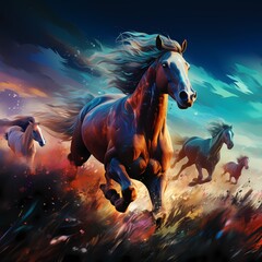 Obraz na płótnie Canvas fantasy horses racing through the field during sunset sky illustration 