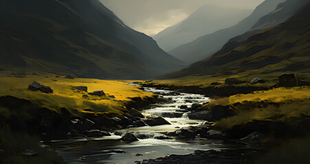 a painting of a river in the middle of a mountain range - Powered by Adobe