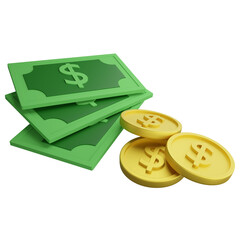 Banknote and coin money clipart flat design icon isolated on transparent background, 3D render business and finance concept
