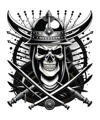 Skull in helmet and crossed swords. Vector illustration for tattoo or t-shirt design