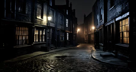  a night time photo of an empty street with cobblestone streets © Samuel