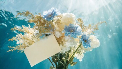 明るい未来、爽やかなメッセージカード（水色の花束とメッセージカード）