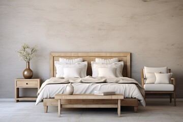 Interior of a bedroom with grey walls, king-size bed, armchair and side table. Created with Ai