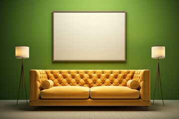 Interior of a living room with green walls, two lamps and a yellow sofa. Created with Ai