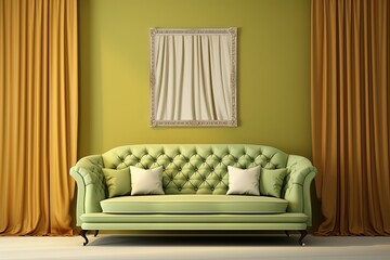 Interior design of living room with green walls, green sofa, yellow curtains and poster. Created with Ai