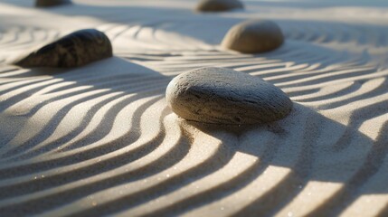 A minimalistic abstract of raked sand patterns and pebbles, evoking tranquility.