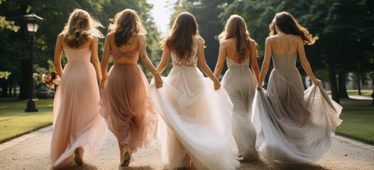 bridesmaids in pretty dresses celebrating the wedding outdoors - obrazy, fototapety, plakaty