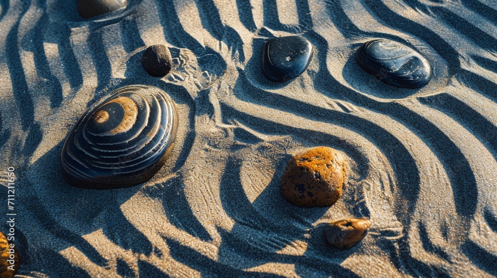 Poster a minimalistic abstract of raked sand patterns and pebbles, evoking tranquility.